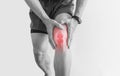 Joint pain, Arthritis and tendon problems. a man touching nee at pain point, on white background