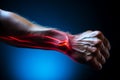 Joint pain, hands. Male hand with red highlighted areas and neon background