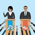 Joint press conference. Hands of different journalists hold microphones. Press release. Cartoon politicians speaks Royalty Free Stock Photo