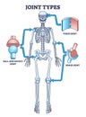 Joint types with fixed, hinge or ball and socket connections outline diagram