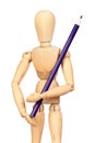 Jointed wooden mannequin with a blue pencil