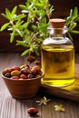 Jojoba essential oil in a bottle. Generative AI,