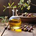 Jojoba oil in bottle on wooden board