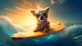dog vacation funny ocean surfer summer beach puppy animal wave. Generative AI.