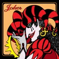 Joker, evil jester with insidious smile, angry card character, scary clown