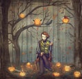 Joker in a fairytale forest among trees and halloween pumpkins Royalty Free Stock Photo