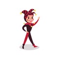 Joker flat cartoon character waving his hand. Boy clown in black and red costume, cap and bells.