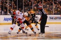 Jokinen and Krejci Face-off, Bruins v. Flames. Royalty Free Stock Photo