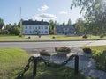 Jokkmokk, Norrbotten, Sweden, Agust 17, 2021: Flower decorations and houses on main street at Jokkmokk