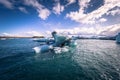 Jokulsarlon - May 05, 2018: Stunning blocks of ice in the Iceberg lagoon of Jokulsarlon, Iceland Royalty Free Stock Photo