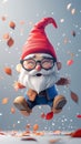 Jolly Cartoon Gnome with Glasses Leaping Among Falling Autumn Leaves in a Whimsical Scene