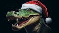 Jolly Gator: Crocodile Donning a Christmas Hat in Festive Merriment