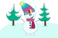 Jolly good fun snowman in colorful scarf and hat on the background of spruce in the snow