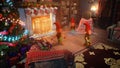 Jolly magical elves dancing on Christmas Day in the house of Santa Claus. Christmas and New Year's Eve Royalty Free Stock Photo