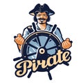 Jolly pirate at the helm of ship. vector illustration Royalty Free Stock Photo