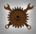 Jolly rodger made of rusty wrenches and gearwheels, fallout post apocalyptic style mechanic emblem render side view Royalty Free Stock Photo