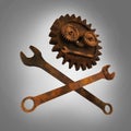 Jolly rodger made of rusty wrenches and gearwheels, fallout post apocalyptic style mechanic emblem render side view Royalty Free Stock Photo