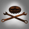Jolly rodger made of rusty wrenches and gearwheels, fallout post apocalyptic style mechanic emblem render side view Royalty Free Stock Photo