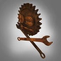 Jolly rodger made of rusty wrenches and gearwheels, fallout post apocalyptic style mechanic emblem render side view Royalty Free Stock Photo