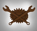 Jolly rodger made of rusty wrenches and gearwheels, fallout post apocalyptic style mechanic emblem render side view Royalty Free Stock Photo