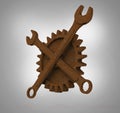 Jolly rodger made of rusty wrenches and gearwheels, fallout post apocalyptic style mechanic emblem render side view Royalty Free Stock Photo