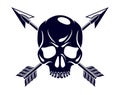 Jolly Roger dead head aggressive skull, Pirates vector emblem or logo with weapons.