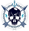 Jolly Roger dead head aggressive skull, Pirates vector emblem or logo with weapons and other design elements, vintage style logo