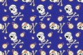 Jolly Roger with eyepatch logo template. Evil skull watercolor illustration. Seamless pattern on blue background