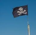 jolly roger. pirate flag.Against the background of blue sky