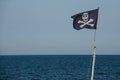 jolly roger. pirate flag.Against the background of blue sky