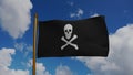 Jolly Roger or pirate ship flag waving 3D Render with flagpole and blue sky, pirate ship flag in Golden Age of Piracy