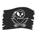 Jolly Roger skull, pirate skull on a black flag. Piracy symbols of captain skull.