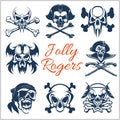 Jolly Roger symbols - vector set on white background. . Pirates skulls and Captain skeleton in bandana or tricorne hat