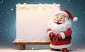 Jolly Santa Claus standing next to a blank snow-topped signboard