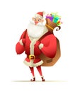 Jolly Santa standing and holding behind his back a large backpack with Christmas gifts