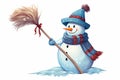 Jolly snowman clip art with a broomstick Royalty Free Stock Photo