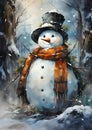 A jolly snowman in a magical forest background with a tall hat a