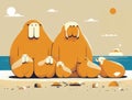 A jolly walrus family lounging on a sunny beach Cute creature. AI generation Royalty Free Stock Photo