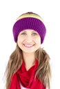 Jolly woman smiling and wearing cap and red scarf Royalty Free Stock Photo