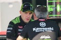 05.06.2023. Montmelo, Spain, Jonathan Rea chatting outside the kawasaki hospitality at the catalunya GP 2023 Royalty Free Stock Photo