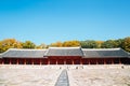 Jongmyo Shrine with autumn maple in Seoul, Korea