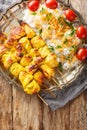 Joojeh Kabab or Jujeh chicken skewers with saffron served with Persian rice closeup on the plate on the table. Vertical top view Royalty Free Stock Photo