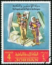 JORDAN - CIRCA 1969: A stamp printed in Jordan shows family looking at destroyed house, circa 1969.