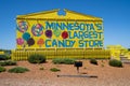 Jordan, Minnesota - June 5, 2020: Sign for Minnesotas Largest Candy Store, a tourist attraction along US Highway 169