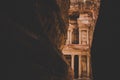 Jordan Petra ancient treasure architecture exterior view in dark sand stone rocks frame famous touristic destination travel photog