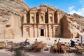 Jordan. Petra archaeological site. Ad Deir. Tourists having tea in front of the Monastery