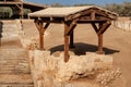 Jordan. Ruins of three Byzantine churches and marble slab - base for column with cross. Wadi al-Harar