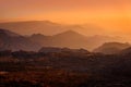 Jordan sunset landscape. Rocky mountain with orange evening in Dana Biosphere Reserve, Jorda. Traveling in Arabia. Stones and
