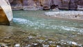 Jordan. Wadi Al Mujib Canyon in Wadi Mujib Nature Biosphere Reserve. Sheer cliffs of enormous height are polished by water