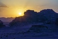 Jordan. Wadi Rum desert is real Mars on Earth and national park in Jordan. Sunset against background Royalty Free Stock Photo